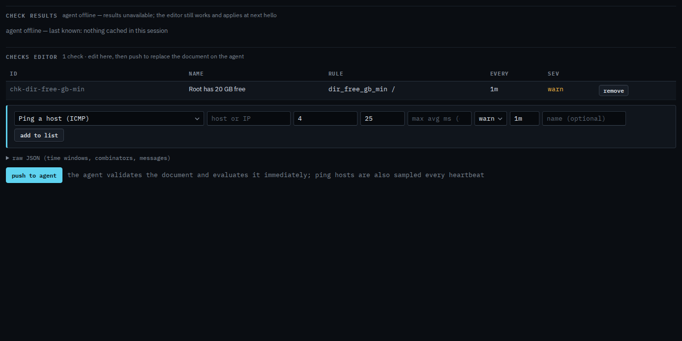 Checks editor with a free-space check on the list and a push to agent button