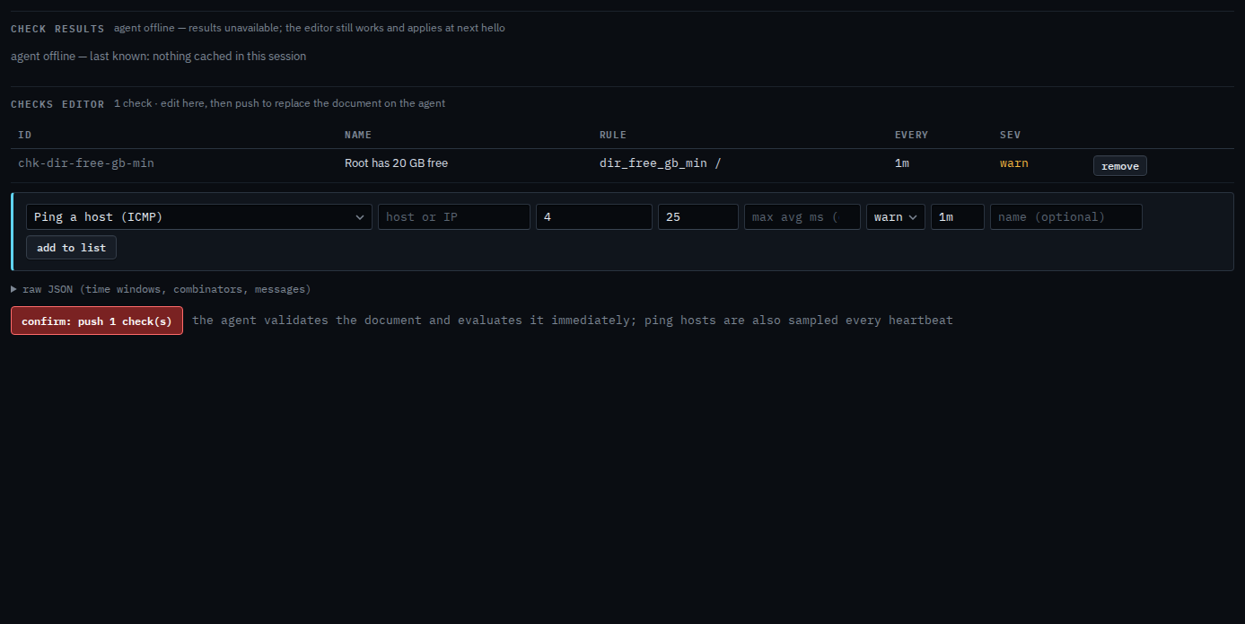 Checks editor with push to agent changed to confirm push 1 check
