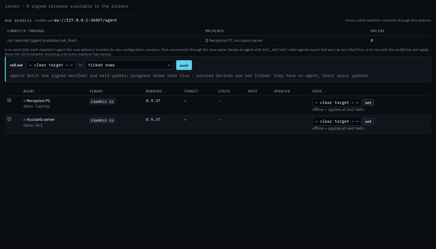 Updates page with the roll-out bar and the two Example Co machines