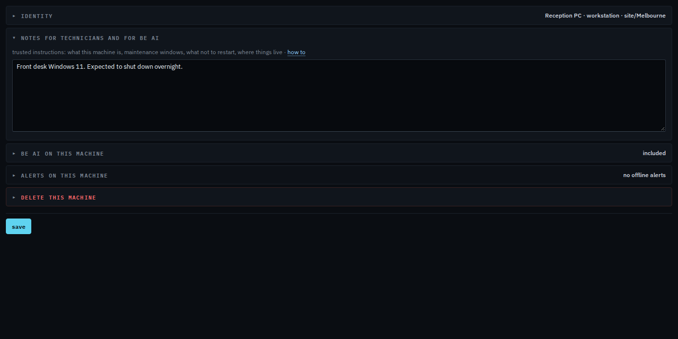 Alerts panel on Reception PC with included in alerts and offline both ticked
