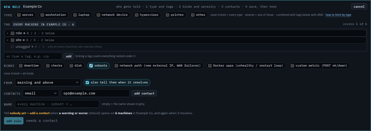 New alert rule with the reboots kind ticked and an email address in the contact field
