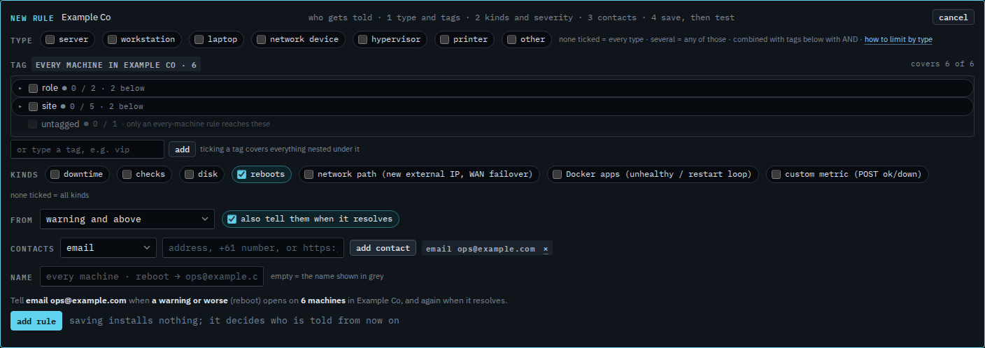 Rule editor with reboots ticked, an email contact, and a preview that names reboot