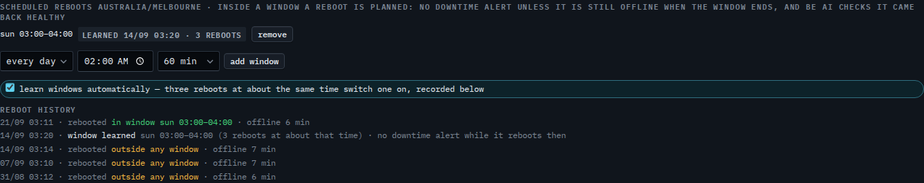 Scheduled reboots on Accounts server with a learned Sunday window and the add form