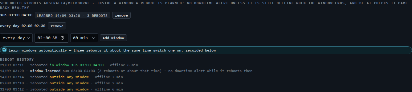 Scheduled reboots with a new every-day 02:00–02:30 window