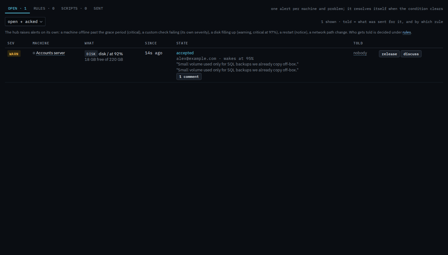 Alerts page with the disk warning accepted and a release button