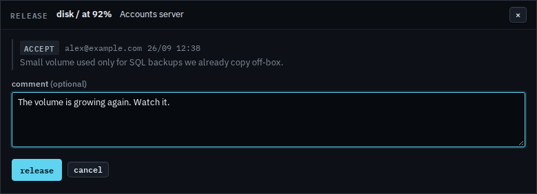 Release dialog with a comment about watching the volume again