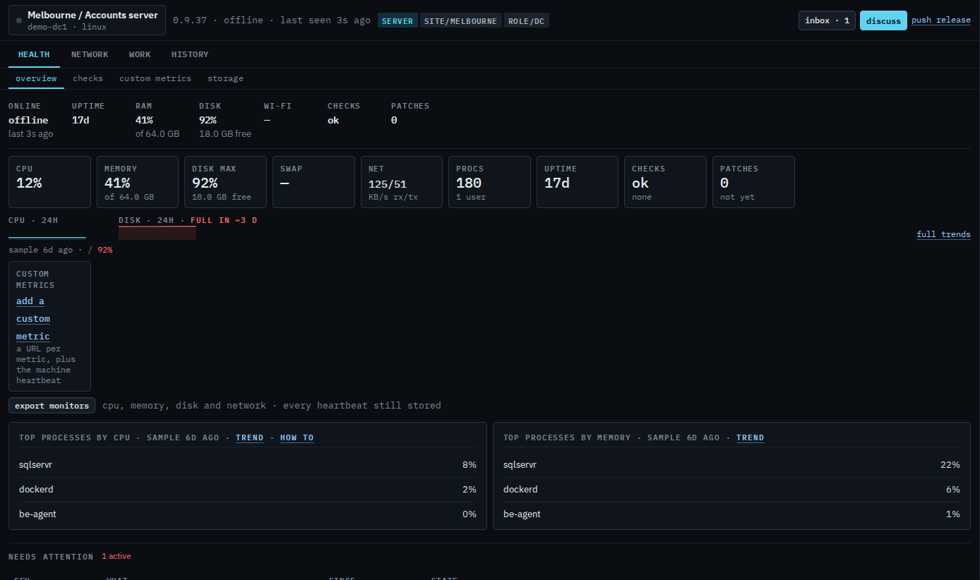 Machine header showing discuss; control hidden while offline