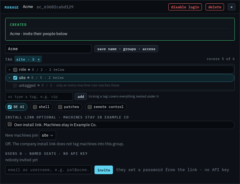 Manage dialog for Acme with the name field still saying Acme