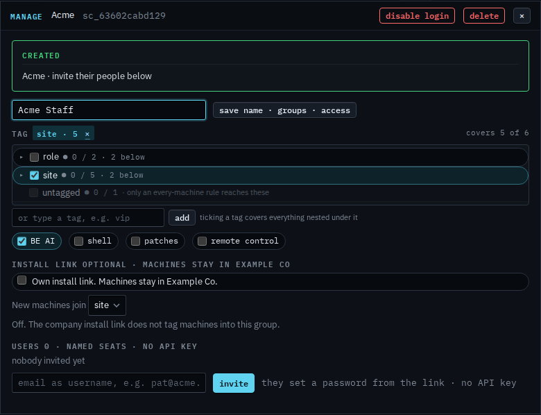 Manage dialog with Acme Staff typed in the name field and the header still saying Acme