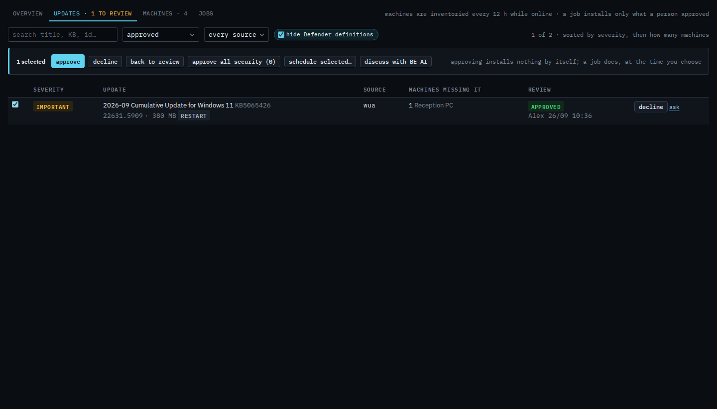 Patches updates tab filtered to approved, with the cumulative update ticked and back to review enabled