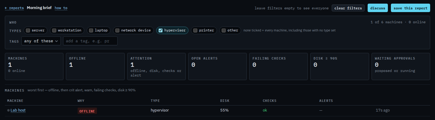 Morning brief with the hypervisor type ticked, showing Lab host