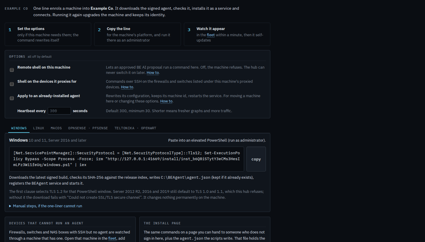 Install agent page with the heartbeat field empty