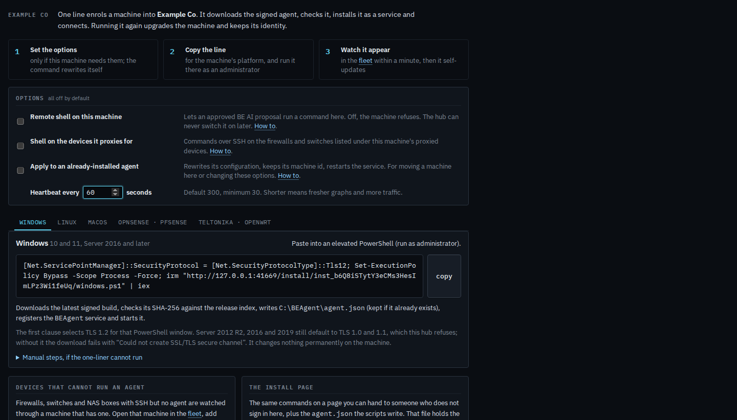 Install command with sample=60 in the URL and 60 in the heartbeat field