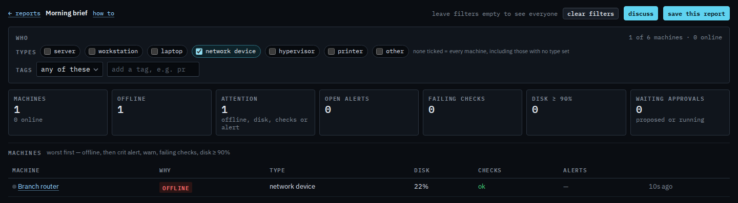 Morning brief with the network device type ticked, showing Branch router
