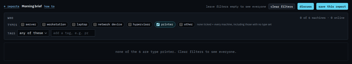Morning brief with the printer type ticked and an empty machine list