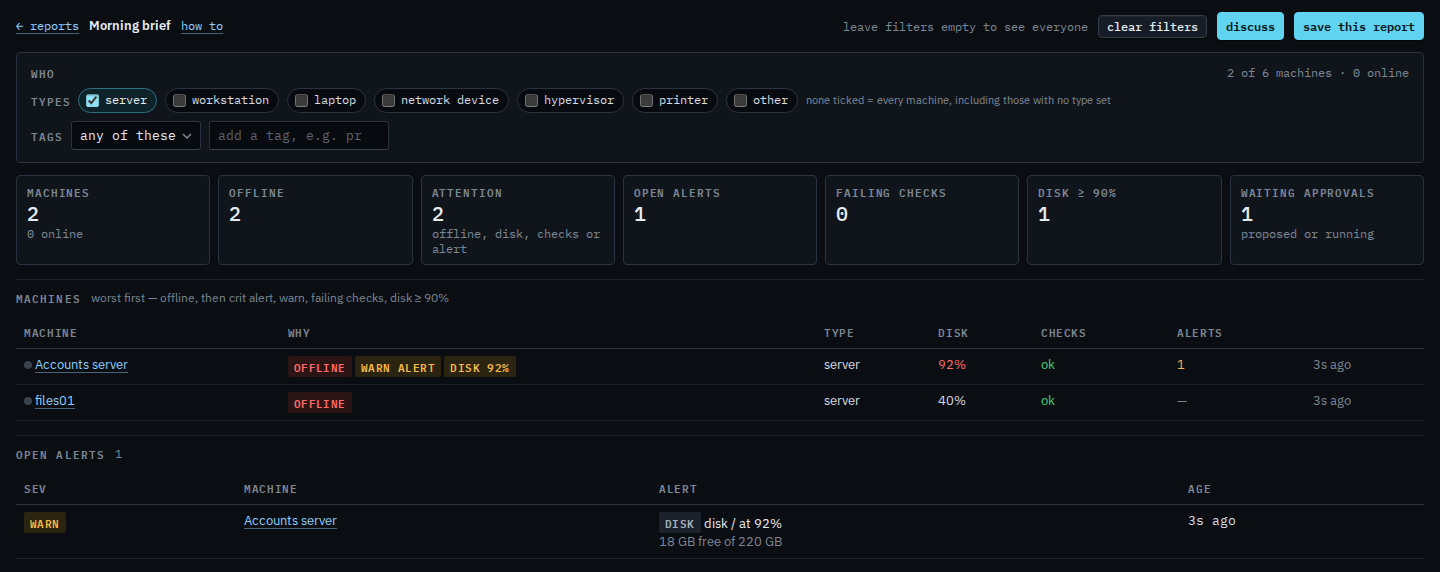 Morning brief with the server type ticked, showing Accounts server and files01