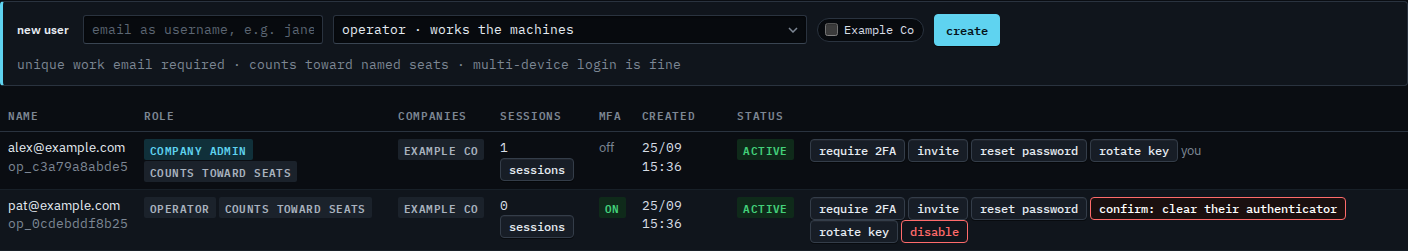 Users table with the reset MFA button armed, waiting for a second press
