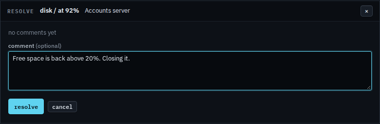 Resolve dialog with an optional comment typed in