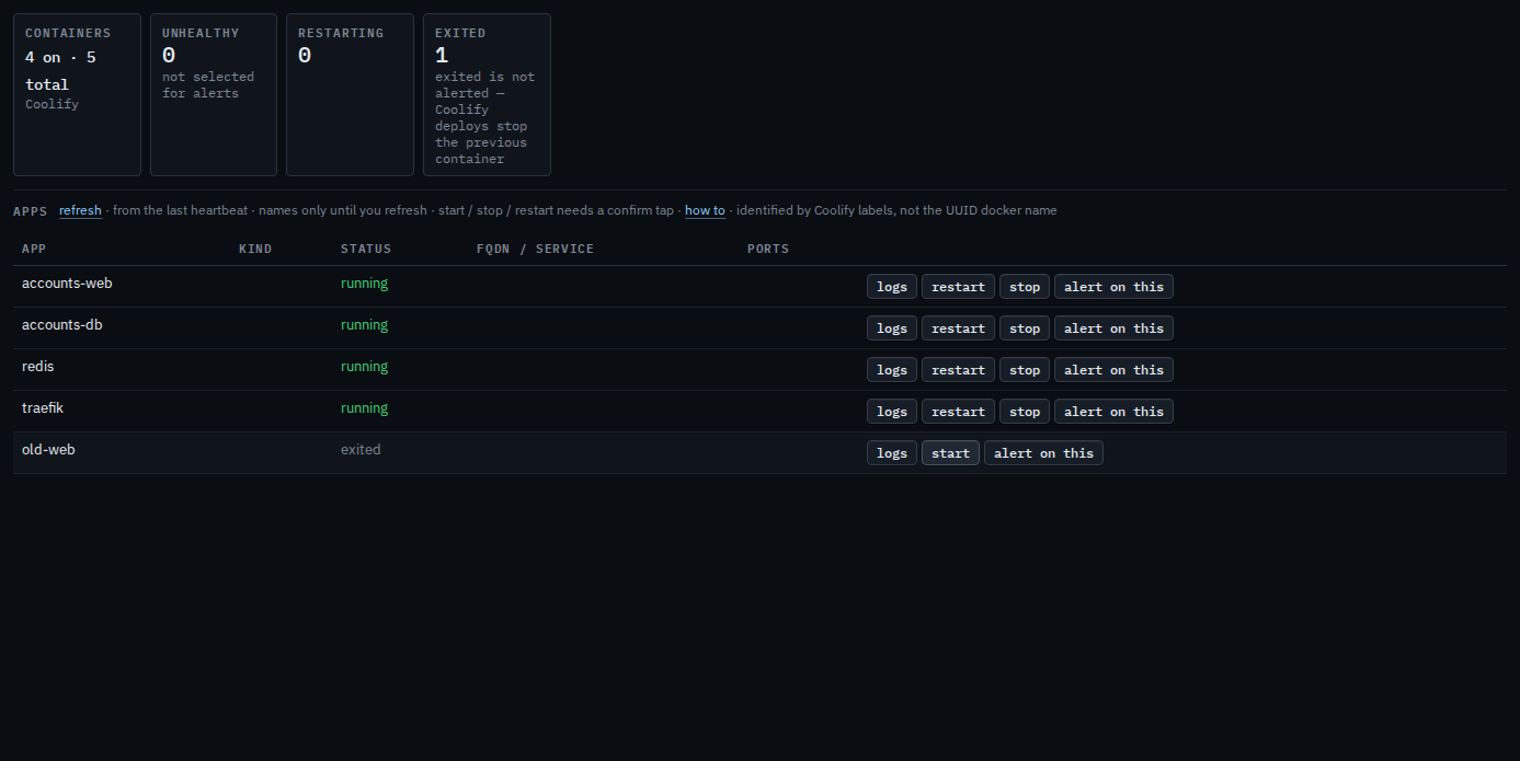 Containers tab with logs, restart, and stop on each running app