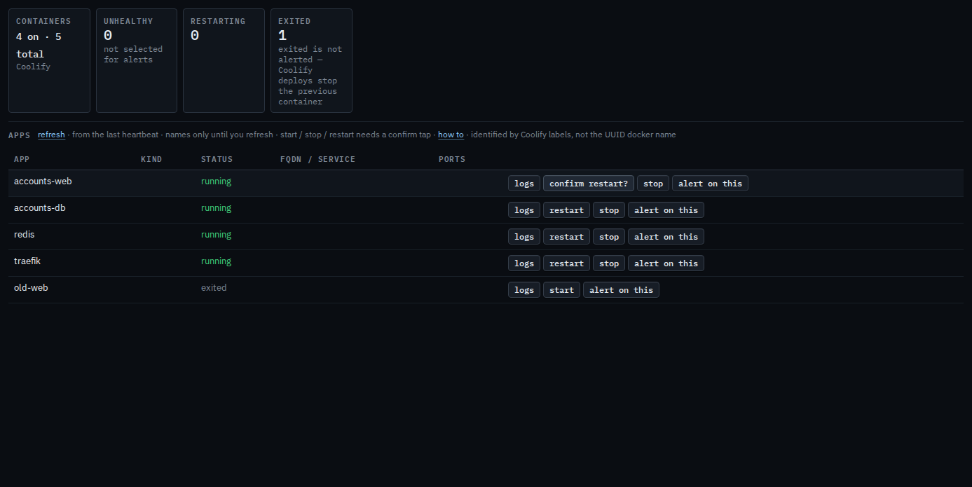Containers tab with restart on accounts-web changed to confirm restart