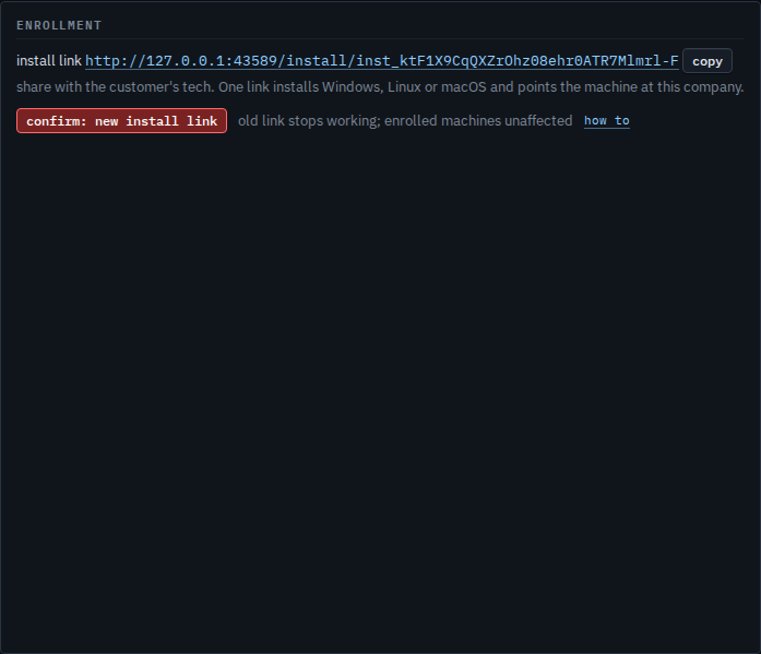 Enrollment box with rotate install link armed as confirm: new install link