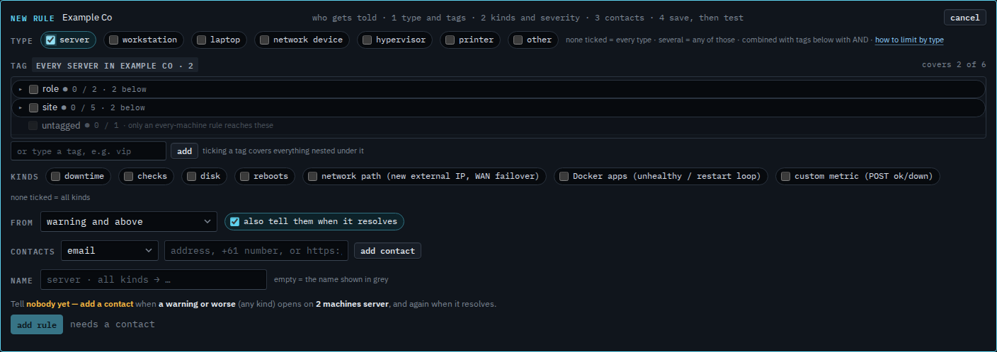 New alert rule with the server type ticked, covering two machines