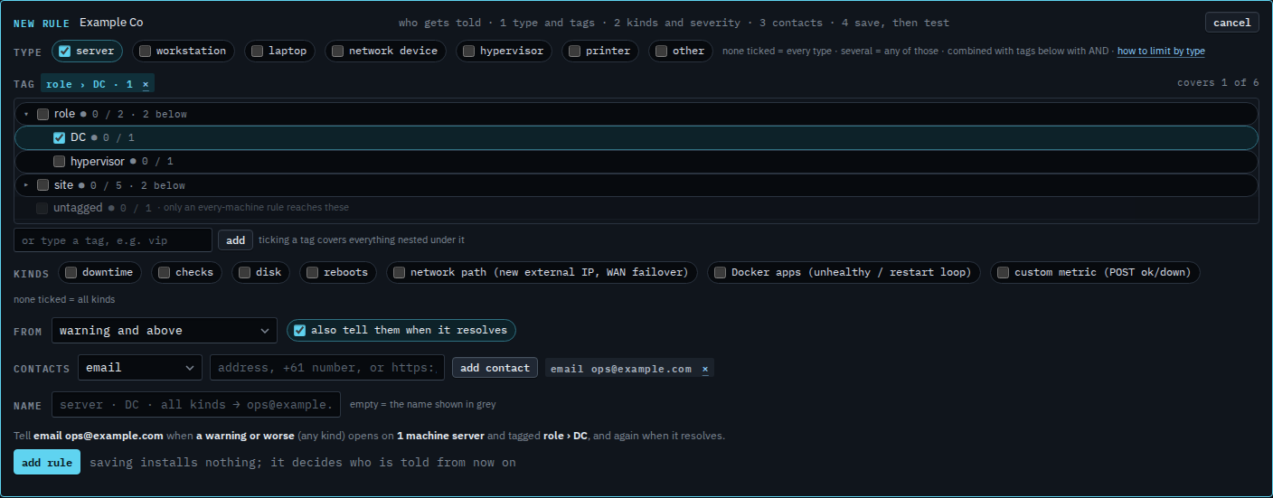 Rule editor with server and role DC, an email contact, and a preview that joins them with and