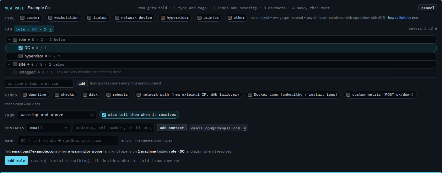 Rule editor with role DC ticked, an email contact, and a preview that names that role