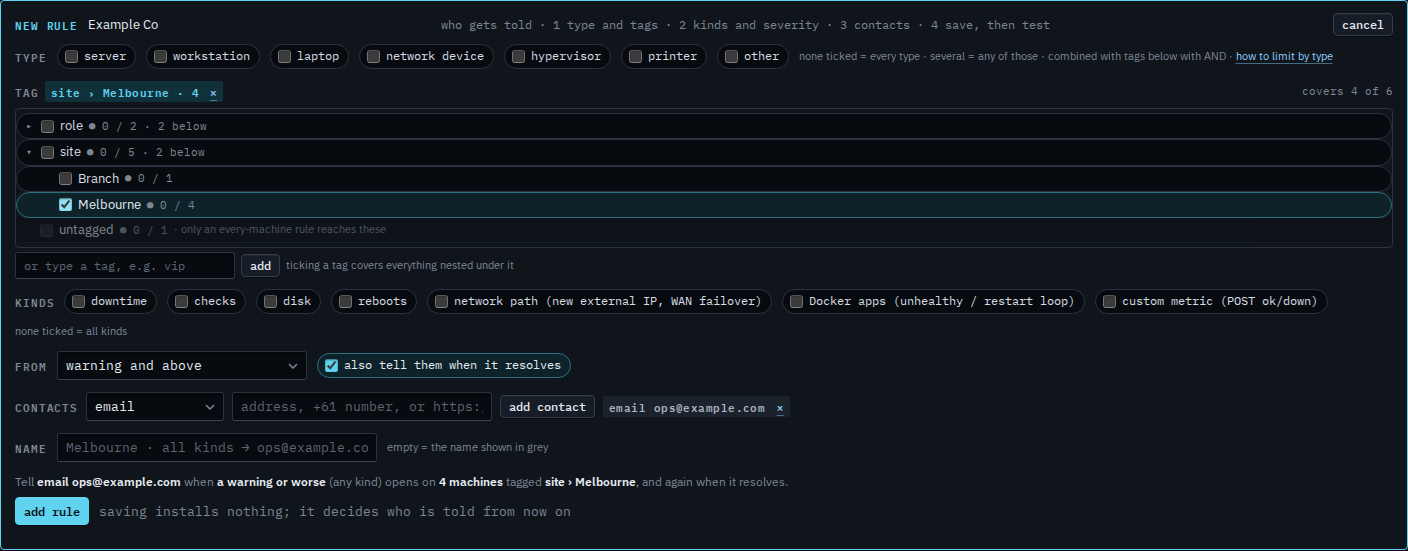 Rule editor with site Melbourne ticked and an email contact