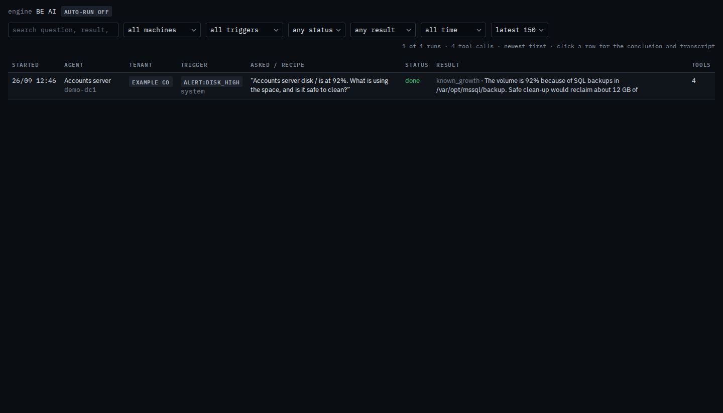 BE AI runs page with all machines selected and one disk investigation