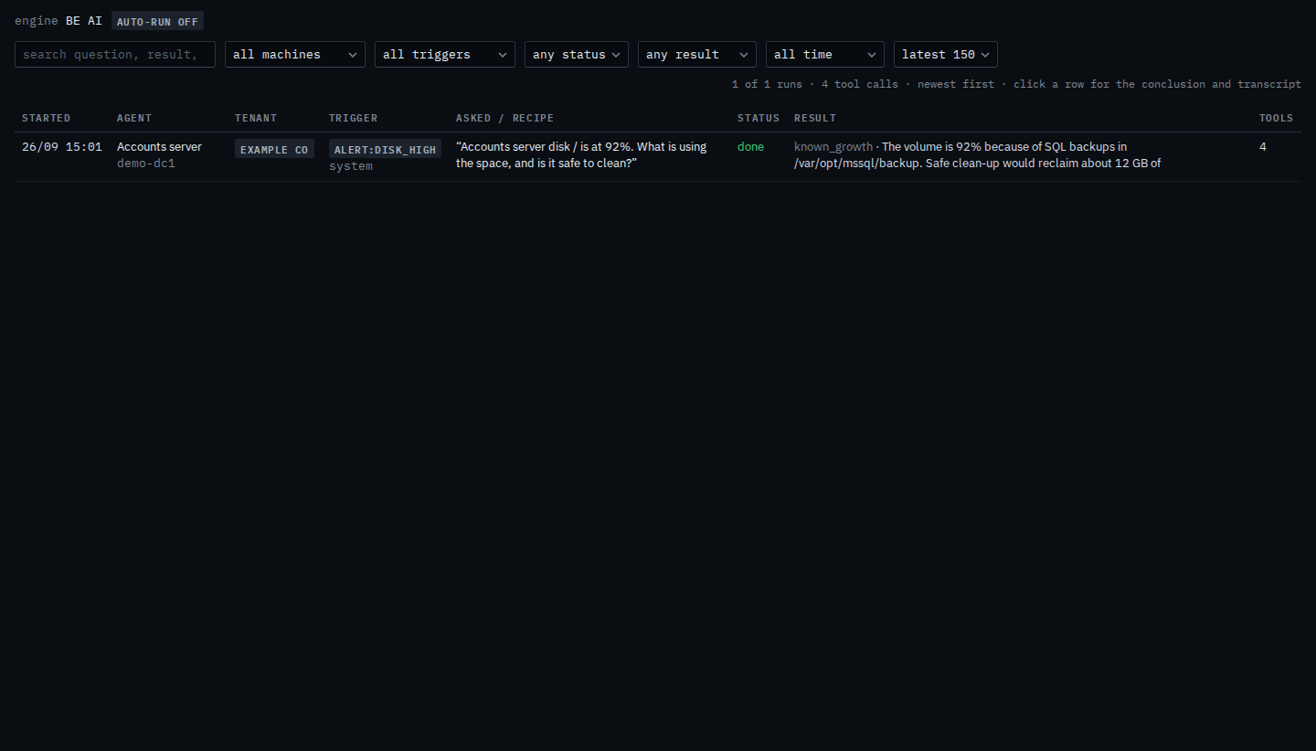 BE AI runs with the period set to all time and one disk investigation