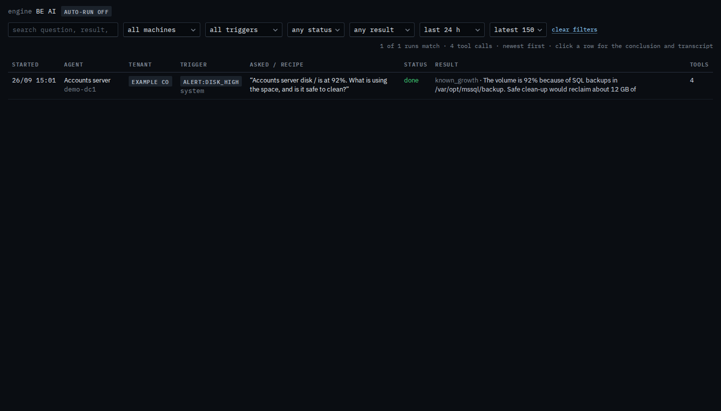 BE AI runs filtered to the last 24 hours, with no matching investigations