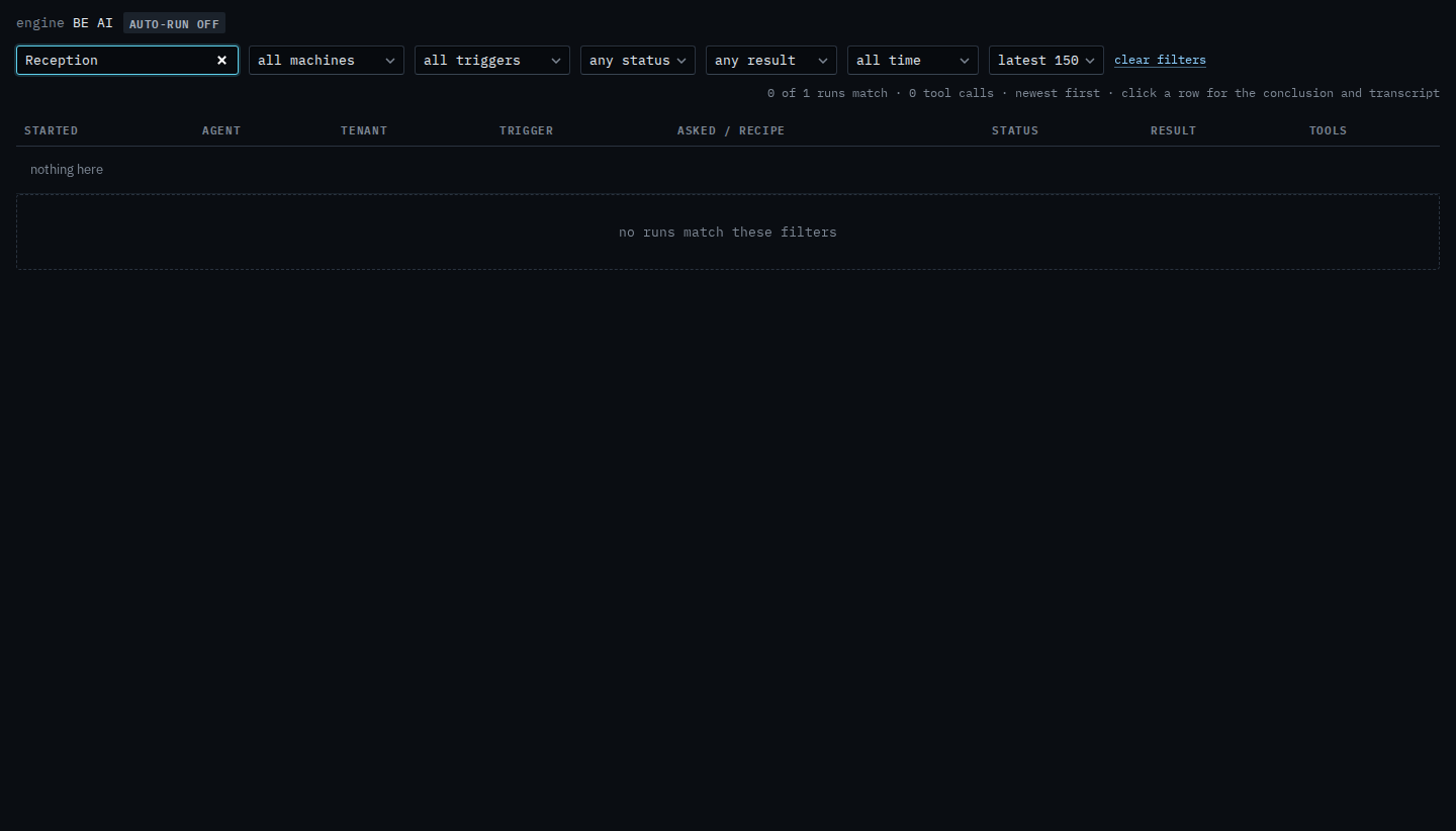 BE AI runs search for Reception, with no matching investigations