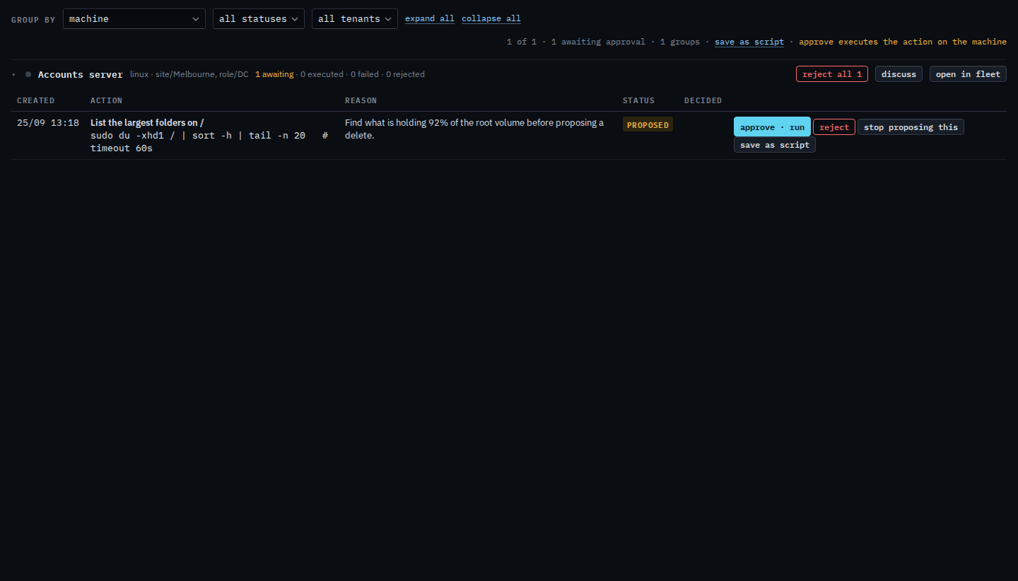 Proposals page with a waiting shell command and a save as script button