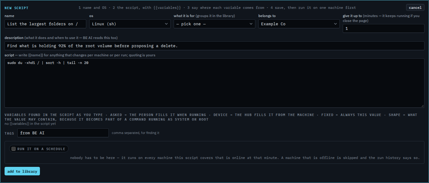 Script editor prefilled from a proposal titled List the largest folders on slash
