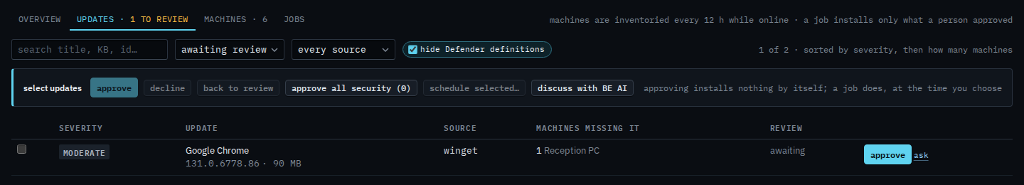 Patches updates tab with Google Chrome awaiting review and schedule selected disabled