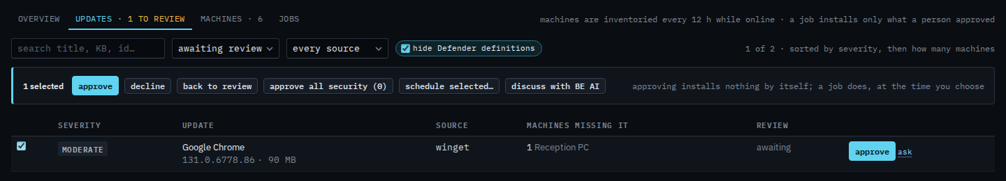 Patches updates tab with Google Chrome ticked and schedule selected enabled