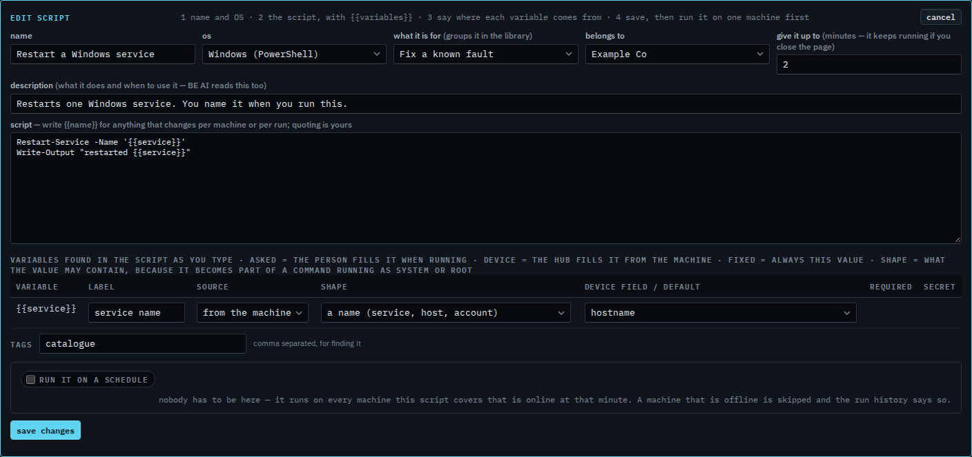 Script editor with the blank filled from the machine hostname