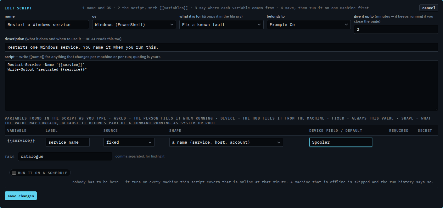 Script editor with a fixed service name of Spooler