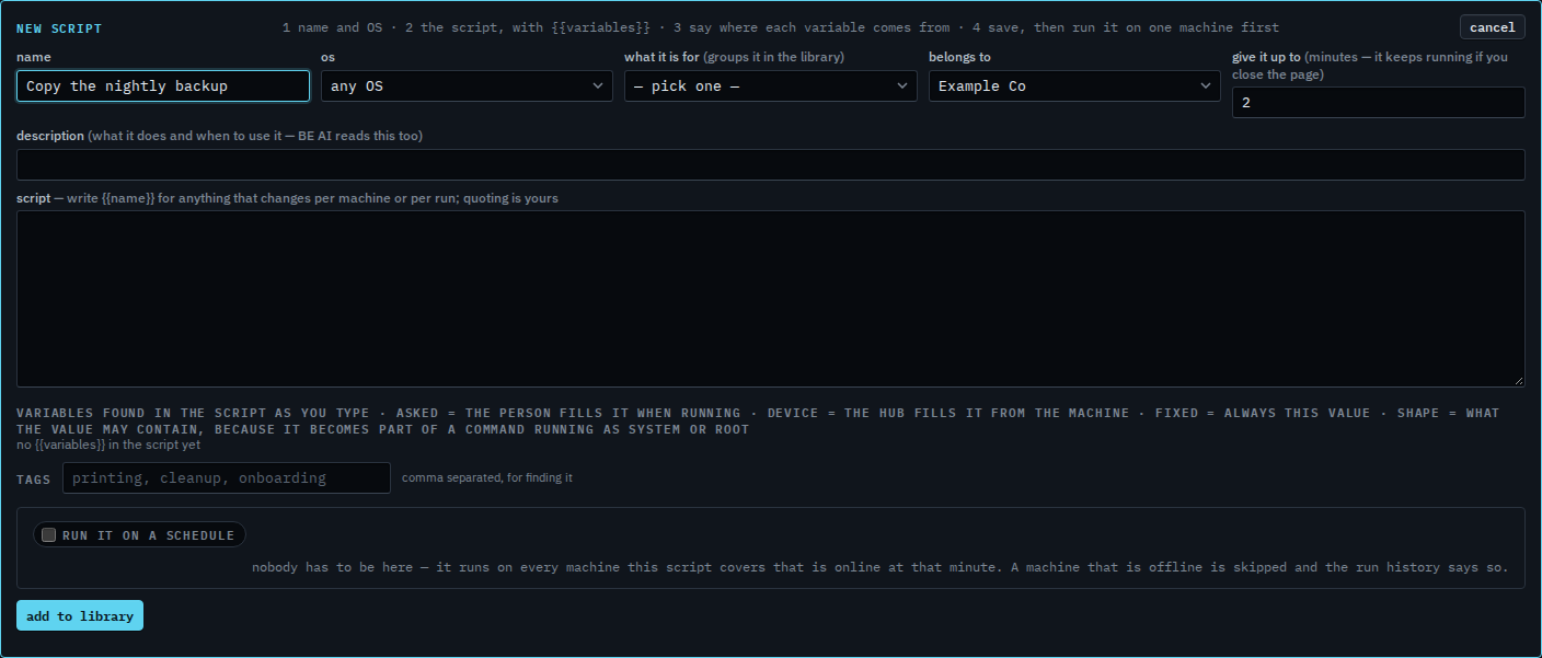 New script form with the time limit set to 2 minutes