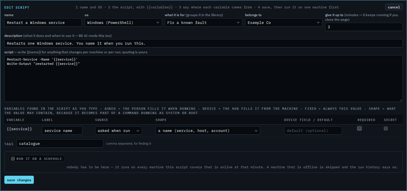 Script editor with required cleared and no schedule warning