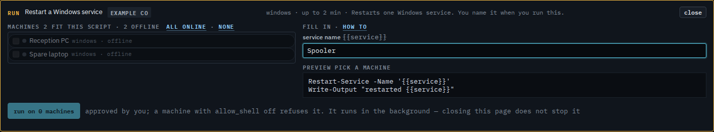 Script run panel with the service name Spooler filled in and offline machines unticked