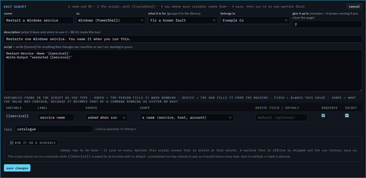 Script editor with secret ticked on the service name