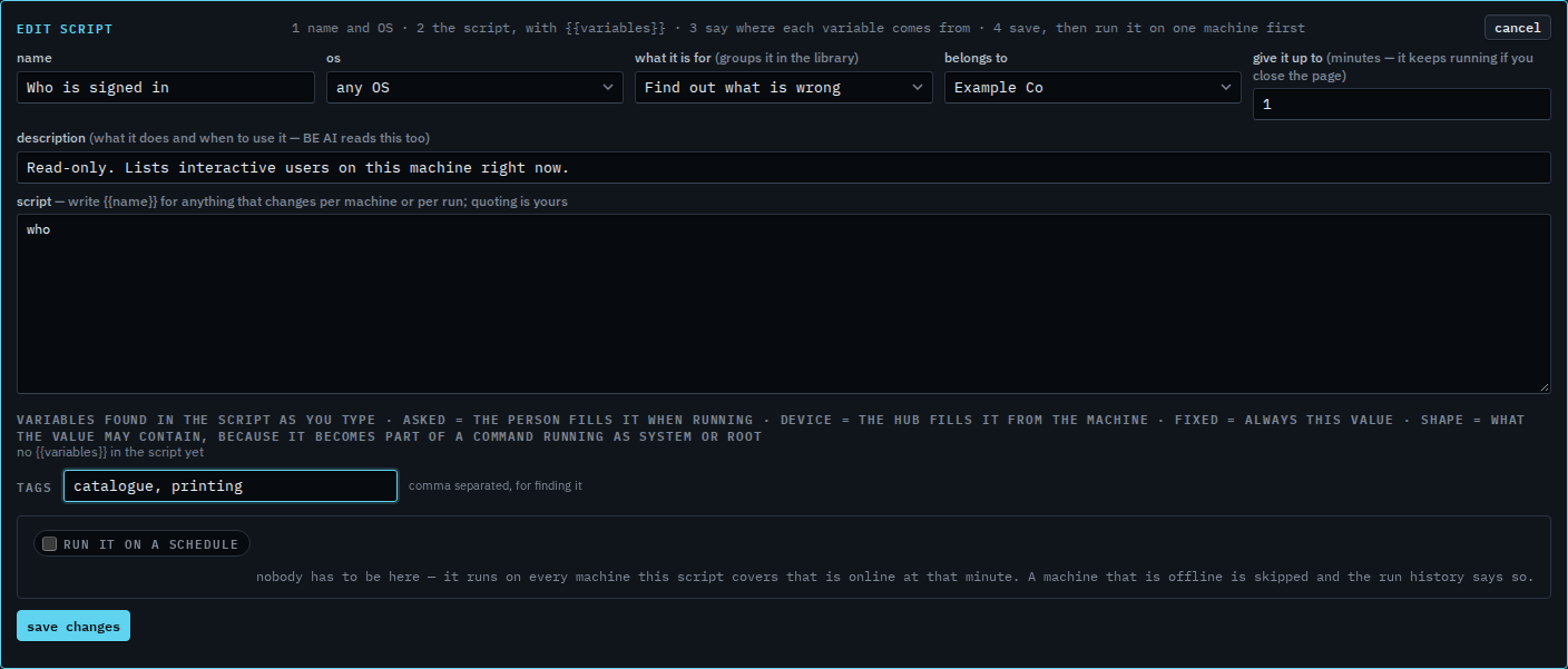 Script editor with tags set to catalogue and printing, not yet saved