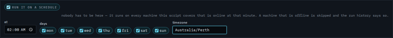 Script schedule timezone set to Australia/Perth, not yet saved