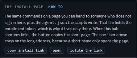 Install page box with a short behub.app link, copy, and open