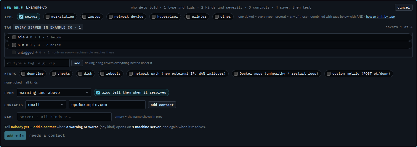 New alert rule with the server type ticked and an email address in the contact field