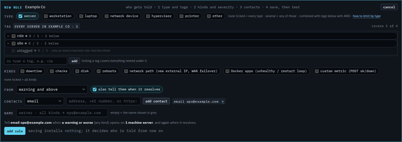 Rule editor with server ticked, an email contact, and a preview that names servers