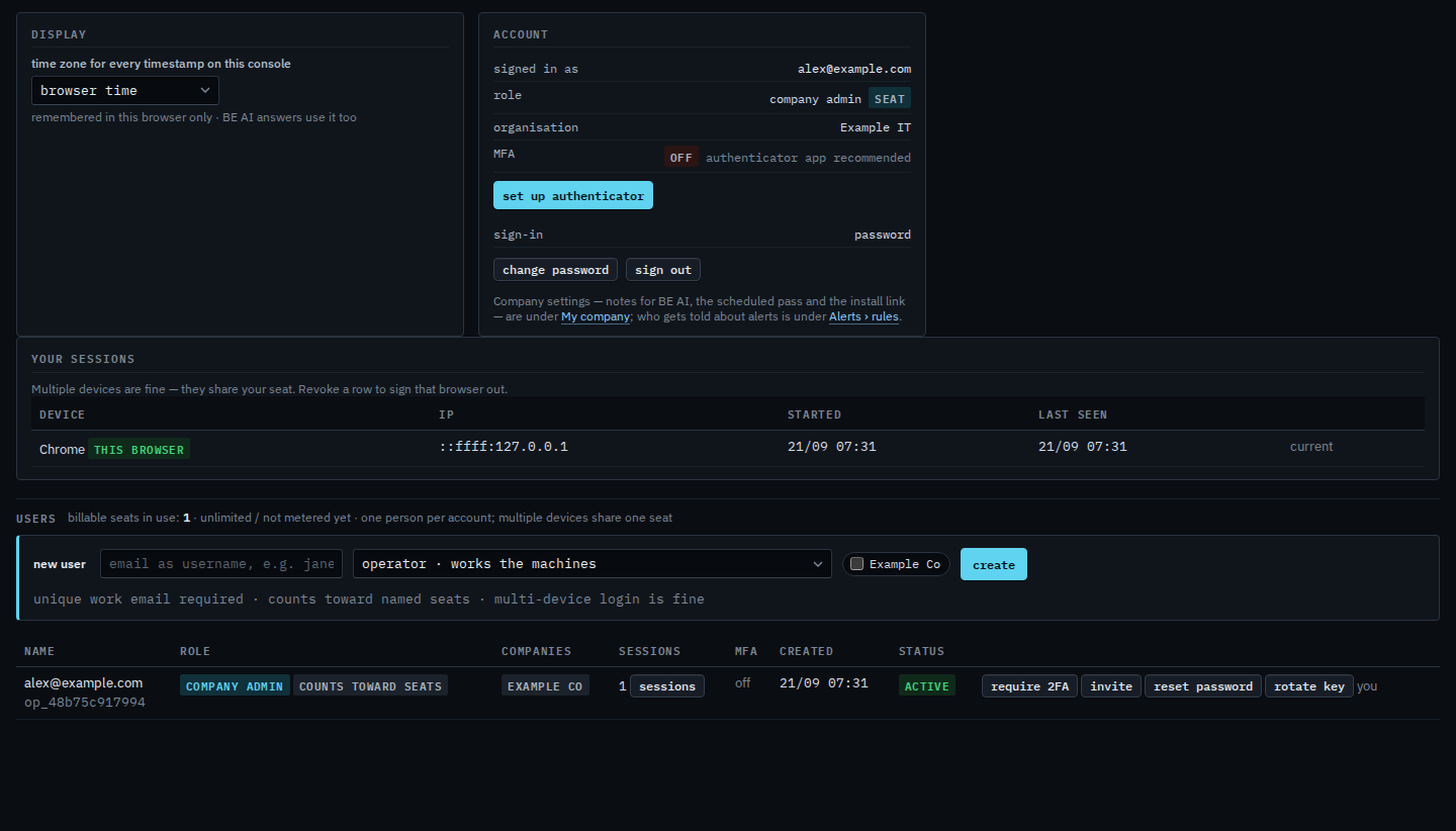 Settings: timezone, signed-in account, MFA off, sessions for this browser